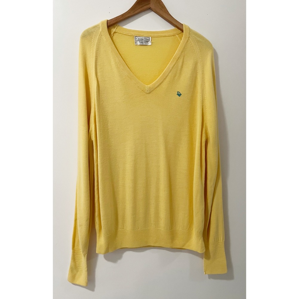 Christian Dior Mens Yellow V Neck Sweater Long Sleeve 100% Acrylic Made in USA
